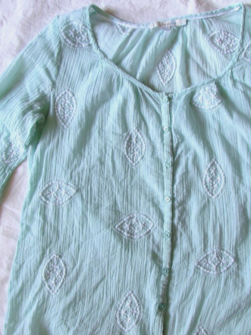 Boden Embroidered Cotton Gauze BOHO top shirt mint green blouse Size M US 6